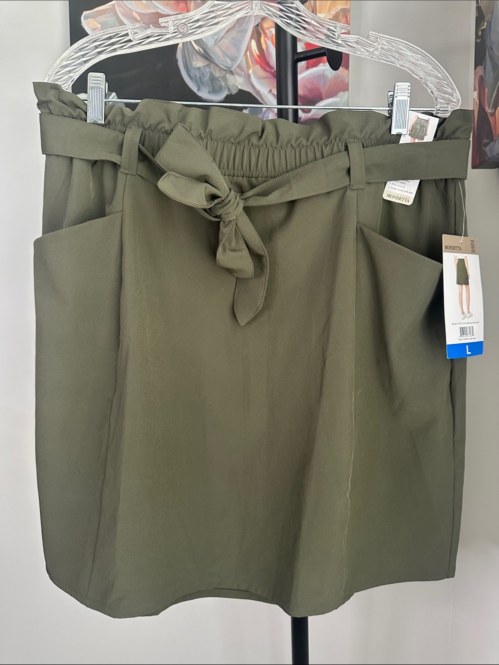 Mondetta Olive Green Paperbag Waist Skirt with Tie